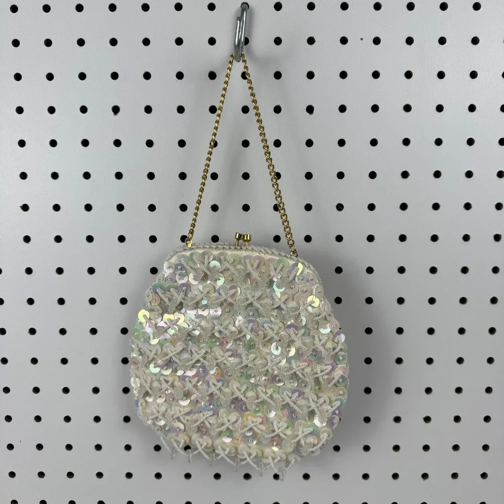 Vtg 1960s Hong Kong Beaded Sequin‎ Evening Bag White Iridescent Bridal Purse